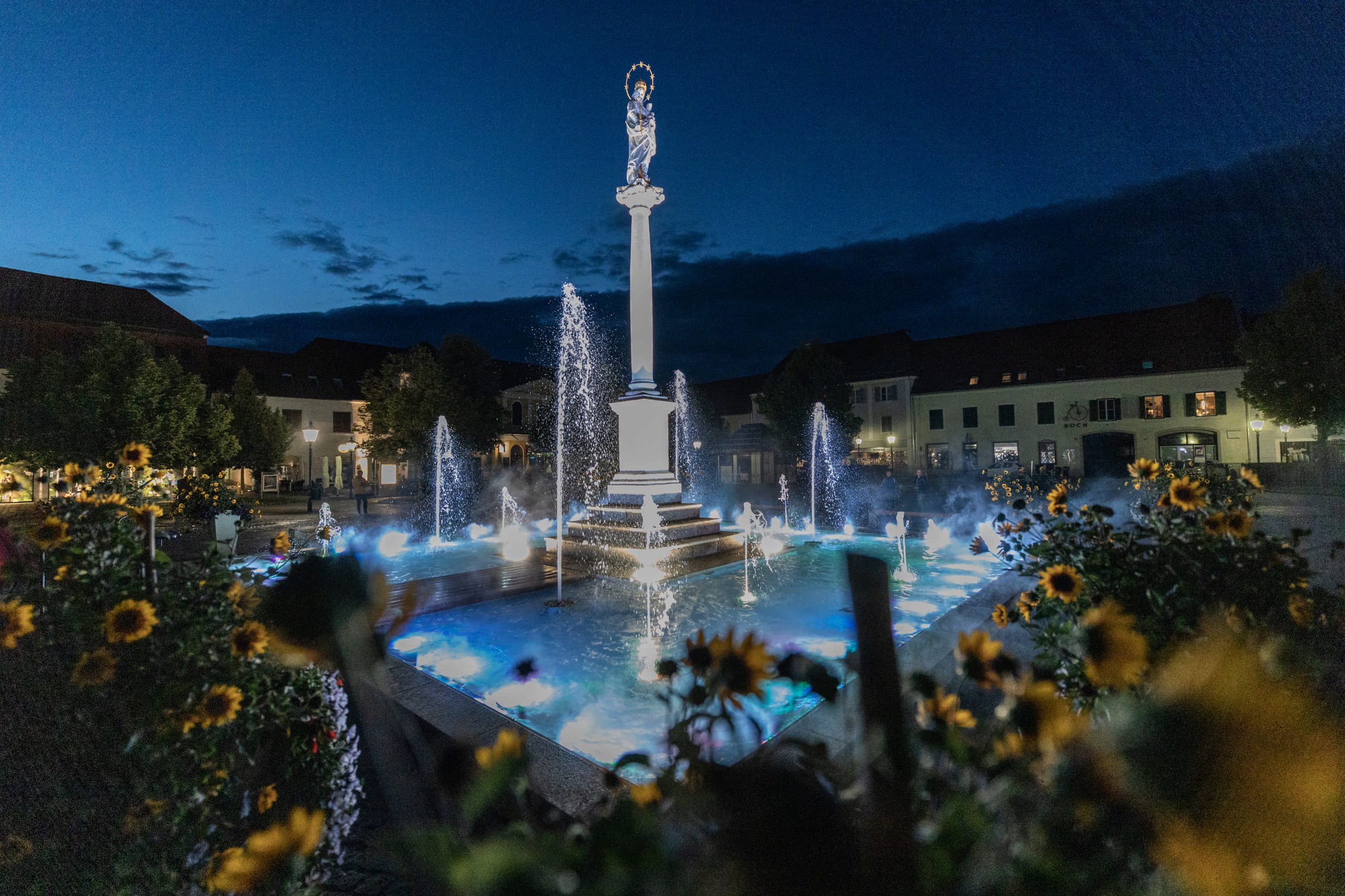 Marienbrunnen bei Nacht. ein quadratischer Springbrunnen umgeben von Sonnenblumen. Im Zentrum befindet sich eine Mariensäule