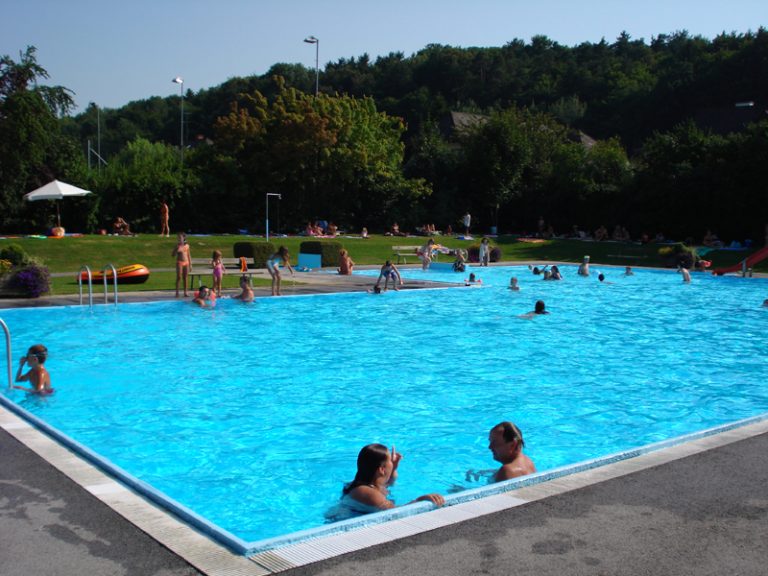 Freibad in Gersdorf an der Feistritz mit Liegewiese am Waldrand