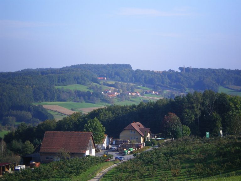 Aufnahme der hügeligen Landschaft abseits des Raabtales im Ortsteil Wetzawinkel. Im Vordergrund befindet sich ein Bauernhof