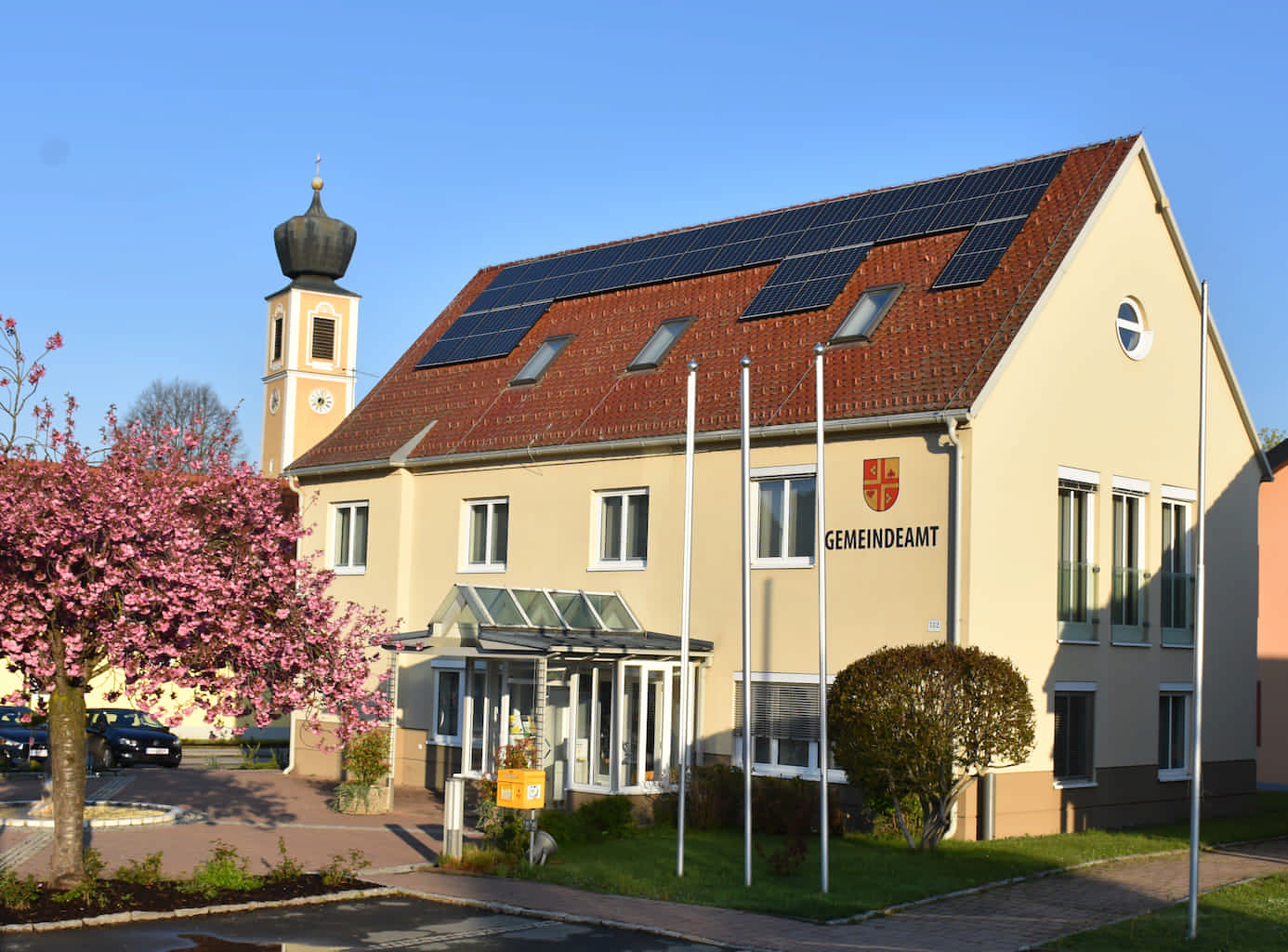 Gemeindeamt Ottendorf. Auf dem kleinen gepflasterten Vorplatz steht rosa blühender Baum