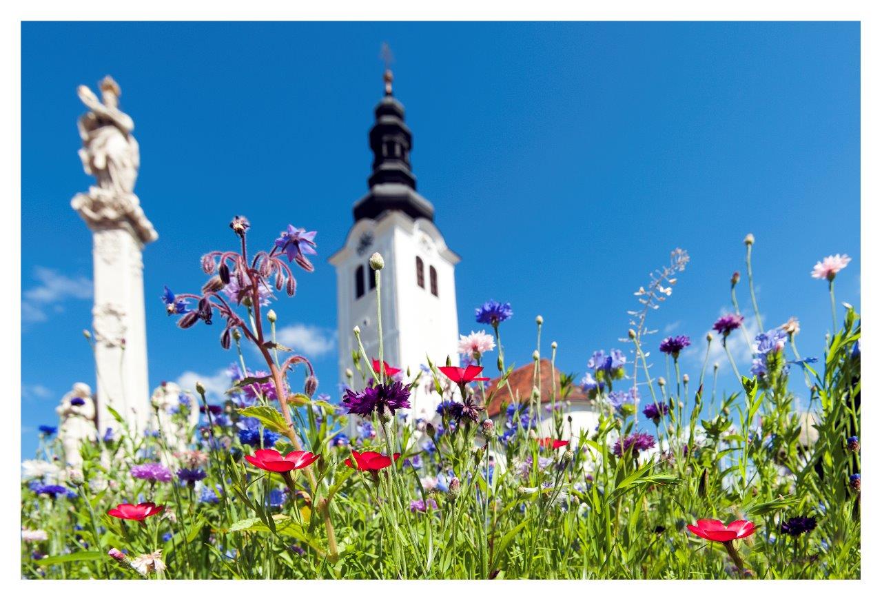 Kirche Sankt Ruprecht mit Blumen im Vordergrund